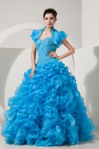 Blue Sweetheart Dress For Quinceanera with Ruffles and Matching Jacket