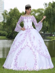 White Sweet 16 Dress with Lilac Embroidery and Long Bell Sleeves for 2013