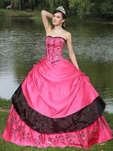 Hot Pink and Black Quince Dress with Embroidery and Hand Made Flowers