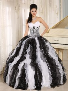 White and Black Quinceanera Dress With Zebra Print Bodice and Ruffles