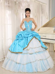 Aqua Blue and White Quinceanera Dress with Beaded Bodice and Pick Ups