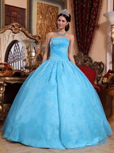 Aqua Blue Strapless Organza Quinceanera Dress with Ruches and Appliques