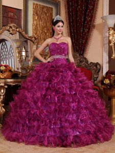 Purple Sweetheart Quinceanera Dress by Organza with Beading and Ruffles