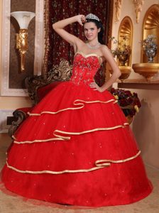 Red Satin and Tulle Quinceanera Gown Dress with Beading and Gold Hemline