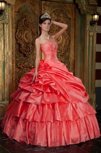Watermelon Quinceanera Gown with Beading and Flowers Decoration