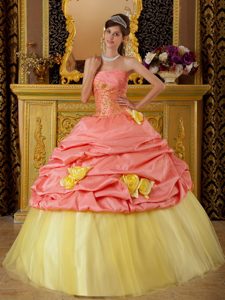 Watermelon and Yellow Sweet Sixteen Dresses with Handmade Flowers