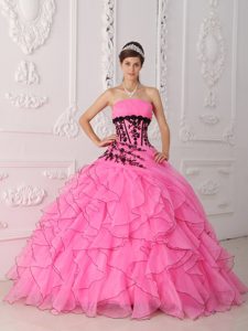 Pink Quinceanera Dress with Black Appliques and Ruffled Skirt for PR