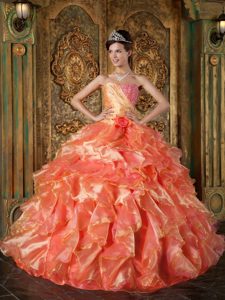 2014 Gold and Orange Quinceanera Dress with Beading and Ruffled Skirt