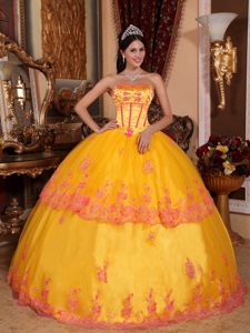 Gold Quinceanera Dress with Boning Details and red Lace Appliques