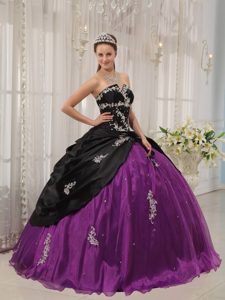 Black and Purple Quinceanera Dress by Taffeta and Organza with V-neck