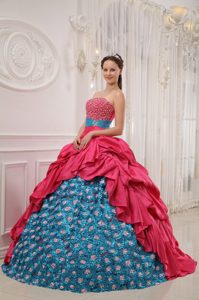 Red and Blue Quince Dress by Fabric with Flowers with Beaded Decorate Bust