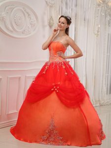 Orange Red Strapless Quinceanera Dress by Taffeta and Tulle with Appliques