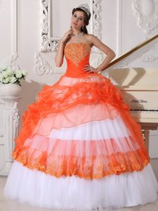 Orange and White Strapless Quinceanera Dress by Taffeta and Organza