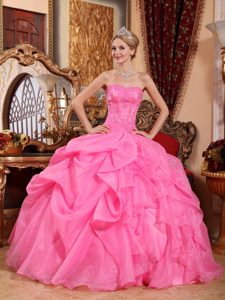 Rose Pink Strapless Quinceanera Dress with Appliques and Pick Ups