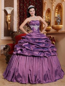 Purple Strapless Quinceanera Gown by Taffeta with Appliques and Pick Ups