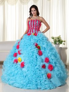 Aqua Quinceanera Dress with Red Handmade Flowers and Ruffles