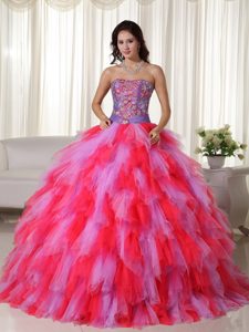Discounted Lilac and Red Quinceanera Dress with Embroidery and Ruffles