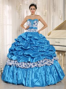 Aqua Blue Quinceanera Dress by Print Fabric with Beading and Pick-ups