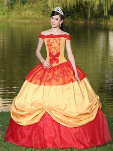 Red and Gold Quinceanera Dress with Off the Shoulder Neckline for 2013