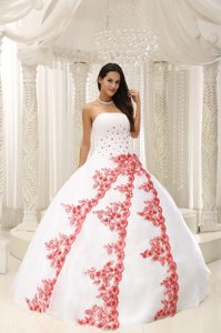 White Sweet 16 Dresses by Taffeta and Organza with Red Appliques