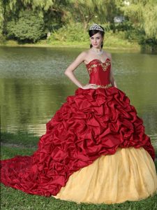 Wine Red and Gold Sweet Sixteen Dresses with Pick-ups and Brush Train