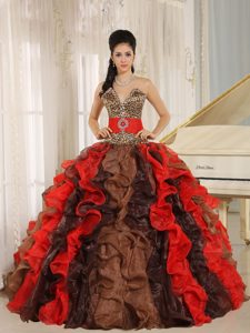 Multi-color Quinceanera Dress with V-neck and Ruffles by Leopard Print Fabric