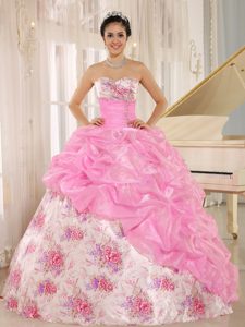 Sweetheart Quinceanera Gown with Pick-ups by Print Fabric with Rose