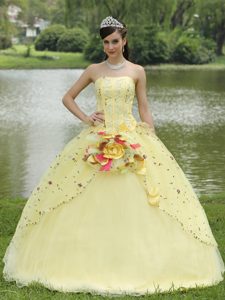 Light Yellow Quinceanera Dress with Embroidery and Hand Made Flowers