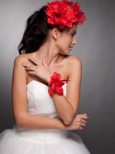 Red Hand Made Flowers Taffeta Headpieces and Wrist Corsage