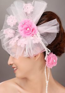 Fashionable Light Pink Tulle Hand Made Flowers Beading Fascinators For Party