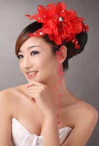 Red Chiffon Bud Silk Flowers With Beading For Party