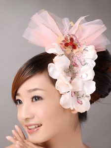Tulle and Organza Beaded and Flowers Decorate Baby Pink Headpices