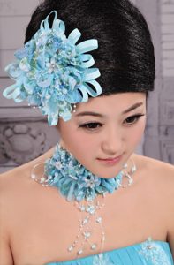 Tulle Aqua Blue Imitation Pearls and Flowers Decorate For Party In 2013 New York