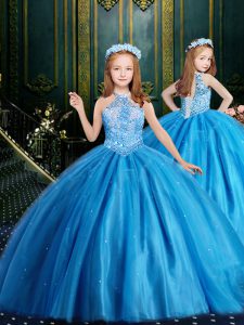 Elegant Halter Top Baby Blue Tulle Lace Up Pageant Dress for Girls Sleeveless Floor Length Beading and Sequins