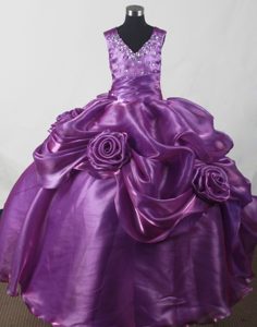 New Purple Beading Little Girl Pageant Dresses With Hand Made Flowers