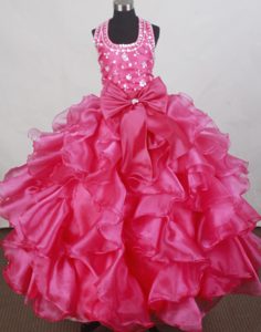 Halter Flower Girl Pageant Dress With Beading and Ruffled Layers