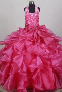 Fuchsia Flower Girl Pageant Dress With Halter Neckline Beaded Bodice