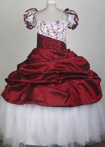 White and Red Flower Girl Pageant Dress With Embroidery and beading