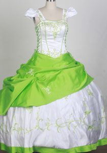 Square Neckline White and Spring Green Embroidery Kid Pageant Dress