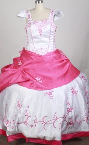 White and Hot Pink Cap Sleeves Embroidered Kid Pageant Dresses