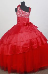 Asymmetrical Red Beading and Flowers Decorate Flower Girl Dress