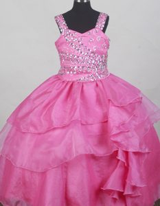 Hot Pink Straps Beaded Decorate Bodice Flower Girl Pageant Dress