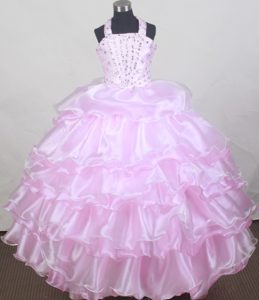 Baby Pink Flower Girl Pageant Dress With Beading and Ruffled Layers