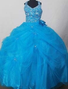 Blue Halter Flower Girl Pageant Dress With Beading and Flowers