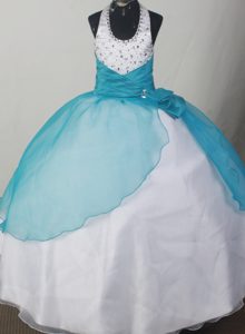 Beaded Decorate Halter Teal and White Flower Girl Pageant Dress