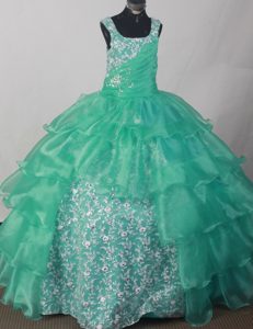 Appliques and Ruche Decorate Flower Girl Pageant Dress in Turquoise