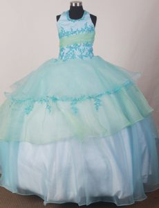 Apple Green and Light Blue Halter Glitz Pageant Dresses Appliques Accent