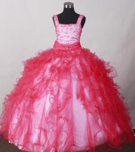 Straps Beading Ruffles for Organza Little Girl Pageant Dresses in Red