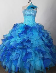 Ruffled Blue One Shoulder Beaded Girls Pageant Dresses with Feather