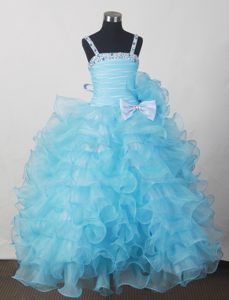 Aqua Blue Little Girl Pageant Dresses with Beading Bow and Ruffles